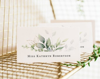 Leaf & Gold - Flat and Folded Name Place Card Templates, 3x2", 3.5x2", Printable Greenery Name Cards, Corjl Templates, FREE Demo