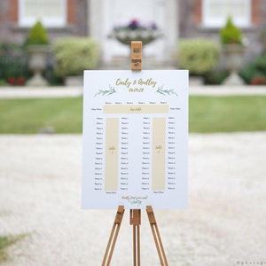 Banquet Table Seating Plan, Horseshoe Shape, 3 tables: Top table + 2 banquets, "Greenery", 8 sizes, Canva Templates