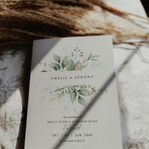 Leaf & Gold - Folded Wedding Program Booklets, Printable Greenery Wedding Order of Service Booklets, Canva Templates | 80G