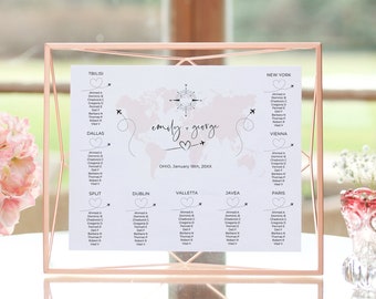 World Map Wedding Seating Plan, Templates for Destination Wedding Table Plan, World Seating Chart, Canva Templates | Destination World