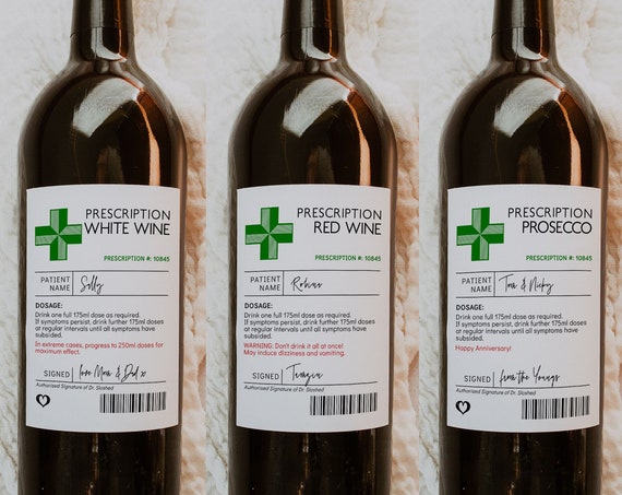 Prescription Wine Bottle Labels, Printable Funny Wine Labels, Wine Sticker Template, Editable Wine Labels, Corjl Template, FREE Demo | 88