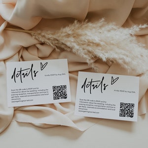 Kaart met QR-codedetails, minimalistische trouwdetails, scannen voor details, moderne kaart met trouwdetails, RSVP online, Corjl-sjabloon, GRATIS demo | 88