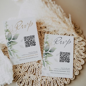 Cartão Rsvp Greenery com QR Code, QR Code Rsvp de casamento, Digitalizar para Rsvp Online, Cartões imprimíveis em 5 tamanhos, Modelos Canva | 80G