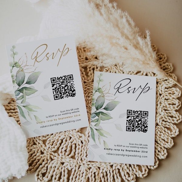 Greenery Rsvp Card with QR Code, Wedding Rsvp QR Code, Scan to Rsvp Online, Printable Cards in 5 Sizes, Canva Templates | 80G