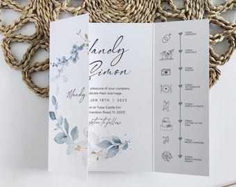 Dusty Blue Gatefold Wedding Invitations, Templates for Blue Gatefold Invitations, Printable Invitations, Canva Templates | 80 Dusty Blue