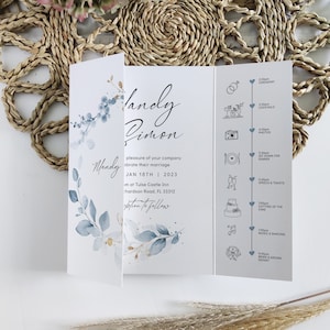 Altblaue Hochzeitseinladungen, Vorlagen für Blaue Gatefold Einladungen, druckbare Einladungen, Canva Vorlagen | 80 Dusty Blue