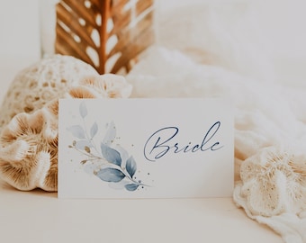 Dusty Blue Flat & Folded Place Cards, Printable Name Card Templates, Dusty Blue Wedding Theme, Canva Templates | 80 Dusty Blue