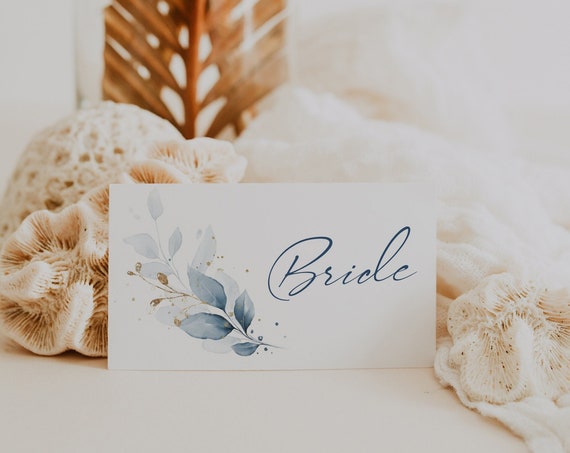 Dusty Blue Flat & Folded Place Cards, Printable Name Card Templates, Dusty Blue Wedding Theme, Corjl Template, FREE Demo | 80 Dusty Blue