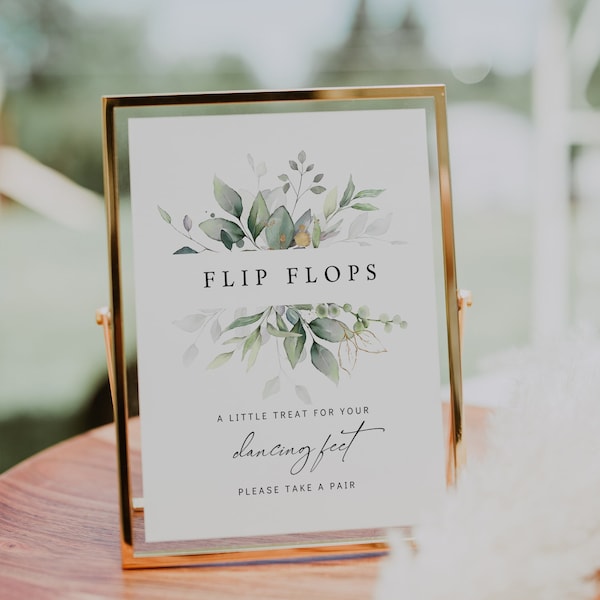 Leaf & Gold - Flip Flops Sign Template, Wedding Dancing Feet Sign Printable, Dance Floor Sign, Canva Templates | 80G