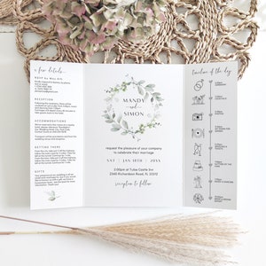 Gefaltete Hochzeitseinladungen, Vorlagen für Greenery Torfalteinladungen, Druckbare Einladungen, Canva Vorlagen | Nr. 87