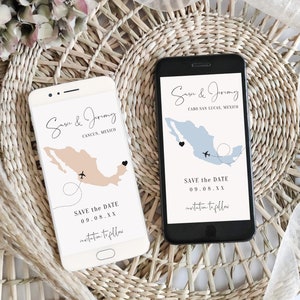 May include: Two smartphone mockups with a save the date announcement for a wedding. The top phone shows a map of Mexico with Cancun highlighted in orange. The bottom phone shows a map of Mexico with Cabo San Lucas highlighted in blue. Both phones have the text "Save the Date" and the date "09.08.XX".