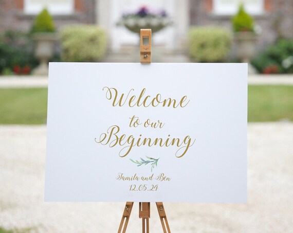 Welcome to our Beginning, Welcome Wedding Sign, Printable Greenery Welcome Wedding, Printable Signs, Corjl Template, FREE demo