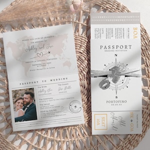 Cartes d'embarquement et jeu d'invitations passeport, jeu d'invitations pour un vol, faire-part passeport, mariage inspiré d'un voyage, modèles sur toile | 68
