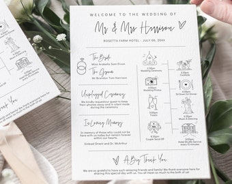 May include: A white wedding program with a black and white illustration of a church, a camera, a couple toasting, a car, and a hotel. The program includes the wedding schedule, the names of the bride and groom, and a message thanking guests for attending. The text reads "Welcome to the Wedding of Mr. & Mrs. Harrison" and "Rosetta Farm Hotel - July 06, 20XX".