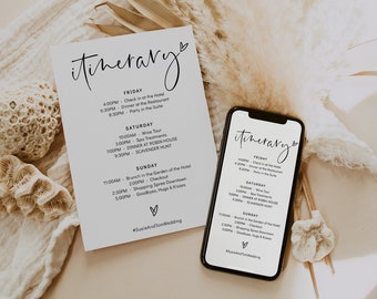Itinerary Card + Electronic for Phone or Email, Wedding Itinerary, Bachelorette Weekend, Corjl Template, FREE demo | 86