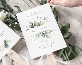 Leaf & Gold - Fan Wedding Program, Printable Greenery Wedding Order of Service Fans, Corjl Templates, FREE Demo