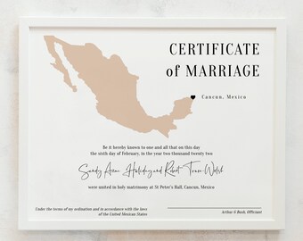 Destination - Mexican Marriage Certificate, Printable Wedding Keepsake, Certificate of Marriage, in 3 Sizes, Corjl Templates, FREE Demo