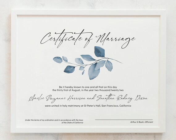 Certificate of Marriage, Printable Certificate of Marriage Template, Wedding Keepsake, 4 sizes, Corjl Template, FREE Demo | 80 Dusty Blue