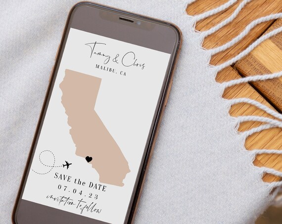 Destination - California Electronic Save the Date, Evite, Malibu Text Message Save the Dates, or Anywhere in CA, Corjl Templates, FREE Demo