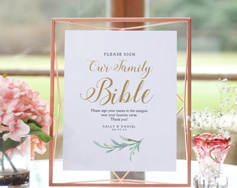 Please sign our family bible, printable guest book sign, 8x10", Greenery, Wedding Signage. Corjl Template, FREE Demo