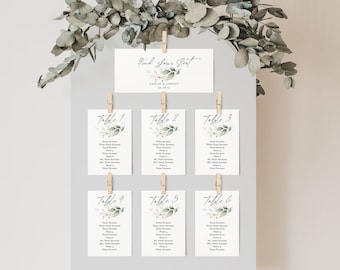 Wedding Seating Plan Template, Seating Cards, Printable Greenery Hanging Cards, Wedding Seating Plan, Table Plan, Canva Templates | 80G