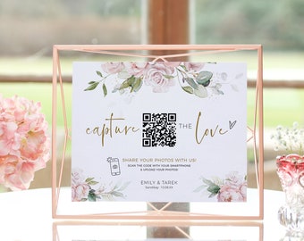 Pink Roses Capture the Love QR Code, Wedding Photo Signs, Share the Love, Wedding QR Code, Scan to Upload, Corjl Template, FREE Demo | 18P