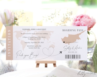 Destination - Cyprus Boarding Pass Wedding Invitation, Printable Wedding Invitation Template Destination Wedding, Corjl Templates, FREE Demo