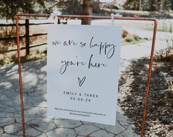 Wedding Welcome Sign, Wedding Decor, We Are So Happy You're Here, Printable Wedding Signs, Modern Minimalist Corjl Template, FREE Demo | 86