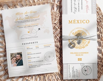 Mexico Passport Wedding Invitation Template, Wedding Passport, Mexico Invitation, Printable Passport Invitation, Canva Templates | 08