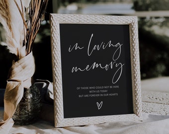 Black In Loving Memory Sign, Printable In Loving Memory Sign for Wedding, Modern Minimalist Memorial Sign, Corjl Template, FREE demo | 86B