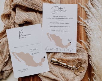 Destination - Mexico RSVP + Details Cards, Mexico Destination Wedding RSVP and Details, Corjl Templates, FREE Demo