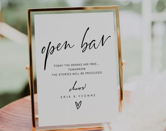 Printable Open Bar Sign, Funny Wedding Bar Menu Sign, Modern Minimalist Wedding Sign, 3 Sizes, Corjl Template, FREE demo | 86