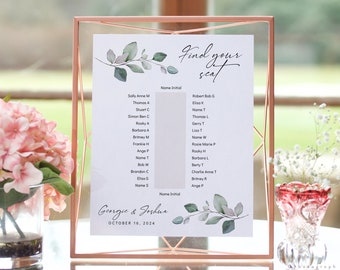 Leaf & Gold - One Table Seating Plan, Banquet Table Seating, Printable Seating Plan Templates in 8 sizes, Corjl Templates, FREE Demo | 80G