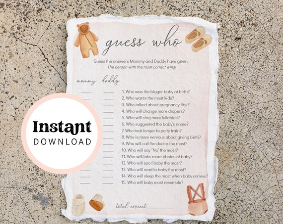 Guess Who Mommy or Daddy Baby Shower Game, Neutral Baby Shower Game, Guess Who Shower Game, Printable Instant Download and Print | 84