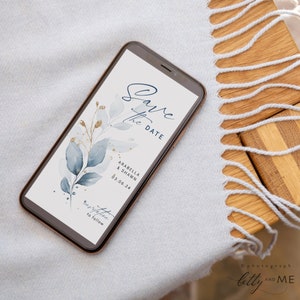 Dusty Blue Save the Dates, Electronic Save the Dates, stoffige blauwe bruiloft, bruiloft, Corjl-sjabloon, GRATIS demo | 80 Stoffig blauw