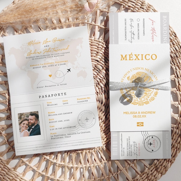Mexico Passport Wedding Invitation Template, Wedding Passport, Mexico Invitation, Printable Passport Invitation, Canva Templates | 08