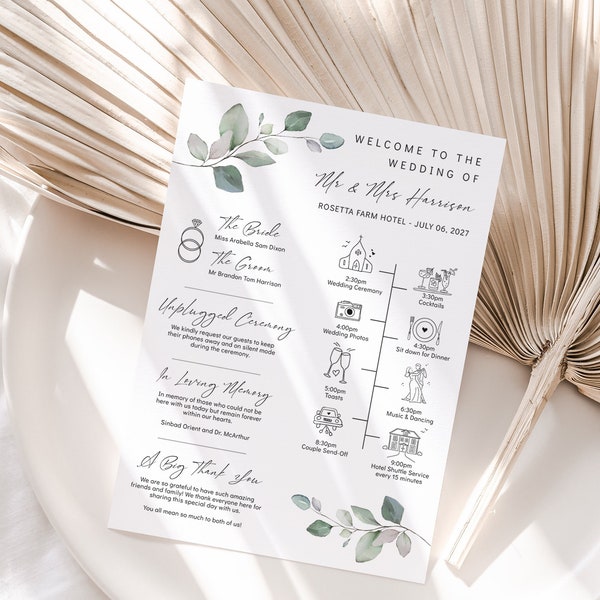 Leaf & Gold Wedding Timeline Program Template, Wedding Infographic, Infographic Program, Program Timeline, Canva Template | 80G