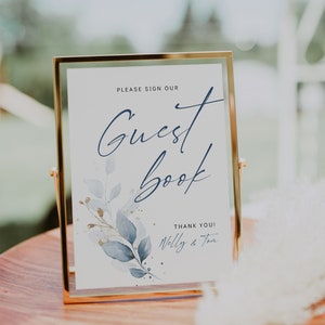 Dusty Blue Guest Book Sign, Printable Guest Book Sign Template, Dusty Blue Wedding Signs, Corjl Template, FREE Demo | 80 Dusty Blue