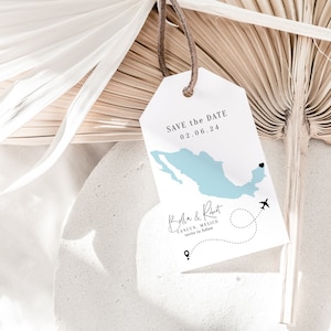 Bestemming - Mexico Save the Date-tags, Save the Date-bagagelabels, afdrukbare Mexico-tagsjabloon, Corjl-sjablonen, GRATIS demo