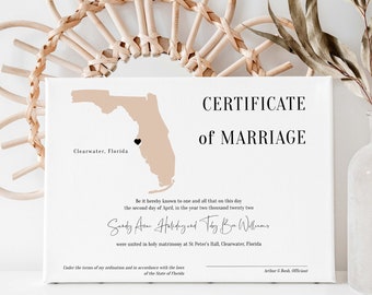 Destination - Florida Certificate of Marriage, Wedding in Florida Marriage Certificate Template, Printable, Canva Templates