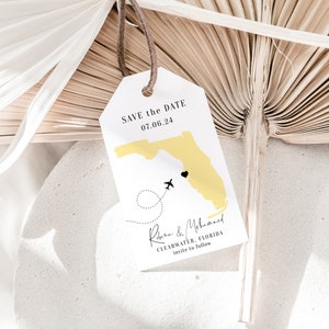 Bestemming: Florida Save the Date-tags, Florida Save the Date-bagagelabels, bestemming Florida, Florida-kaart, Corjl-sjablonen, GRATIS demo