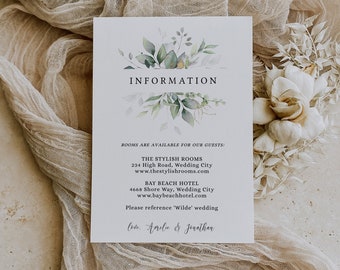 Leaf & Gold - Wedding Information Card, Beautiful Greenery Printable Wedding Enclosure Cards, Printable Templates, 3 Sizes, Corjl FREE Demo