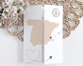 Destination - Spain Wedding Invitations, Folded Gatefold Invitation Templates, Destination Wedding, Canva Templates