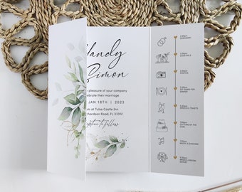 Gatefold Wedding Invitations, Templates for Gatefold Invitations, Beautiful Greenery Design, Corjl Template, FREE Demo | 80G