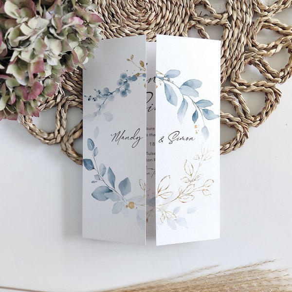 Dusty Blue Wedding Invitations, Templates for Gatefold Invitations, Printable Invitations, Canva Templates | 80 Dusty Blue