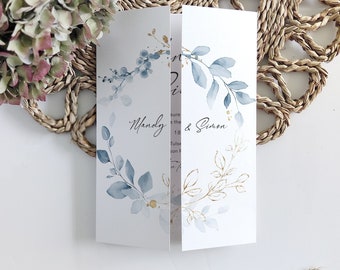 Dusty Blue Wedding Invitations, Templates for Gatefold Invitations, Printable Invitations, Canva Templates | 80 Dusty Blue