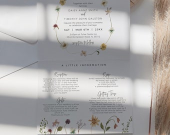 Wildflower Wedding Invitation Template, Trifold Wedding Invitation, Folded Wedding Invitation, Invitation with Timeline, Canva Template | 94