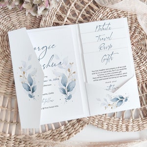 Blue Wedding Invitation Pocket Templates, Dusty Blue Wedding Invitations, Printable Pocketfolds, Canva Template, 80 Dusty Blue