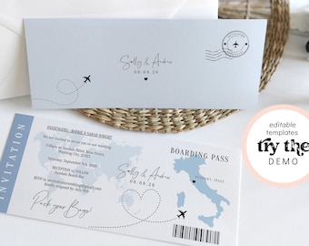 Destination - Italy Boarding Pass Invitation Template, Printable Destination Wedding Invitation, Pack your Bags, Corjl Templates, FREE Demo