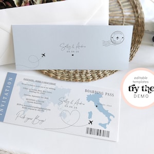 Destination - Italy Boarding Pass Invitation Template, Printable Destination Wedding Invitation, Pack your Bags, Corjl Templates, FREE Demo